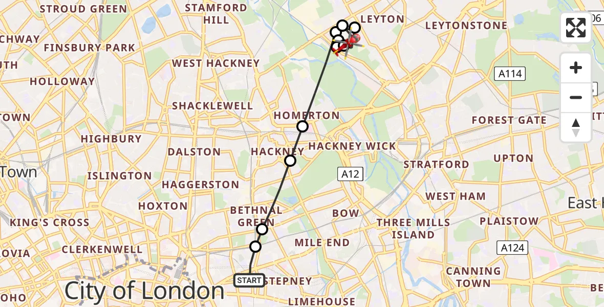 Flight path map showing Air Ambulance Helicopter route from Royal London Hospital to Leyton