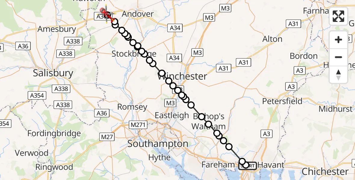 Flight path map showing Air Ambulance Helicopter route from Queen Alexandra Hospital to Thruxton