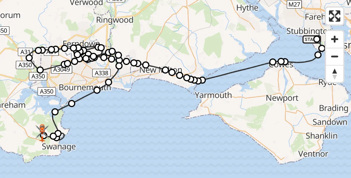 Flight path map showing Coastguard Helicopter route from Solent Airport to Corfe Castle