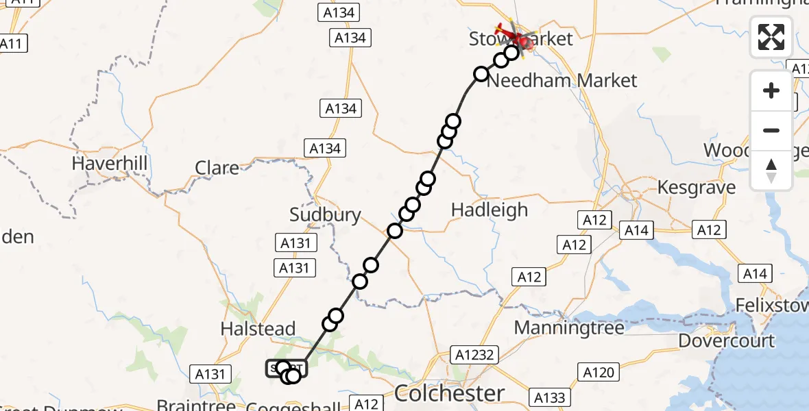 Flight path map showing Air Ambulance Helicopter route from Earls Colne Airfield to Stowmarket