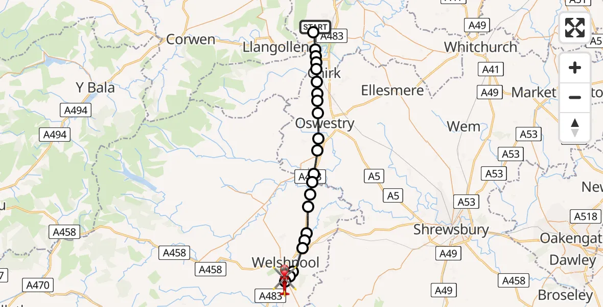 Flight path map showing Air Ambulance Helicopter route from Pen-y-cae to Welshpool Airport