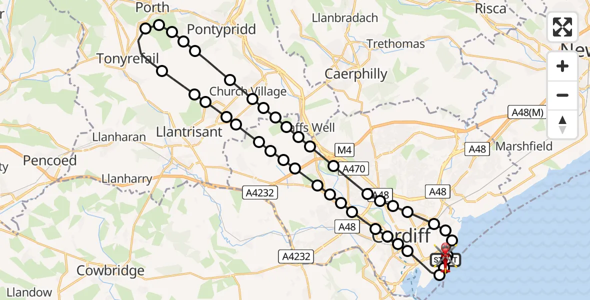 Flight path map showing Air Ambulance Helicopter route from Cardiff Heliport to Cardiff Heliport