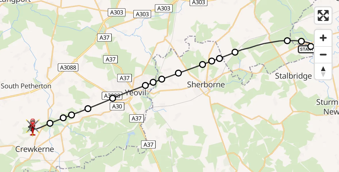 Flight path map showing Air Ambulance Helicopter route from Henstridge Airfield to Merriott