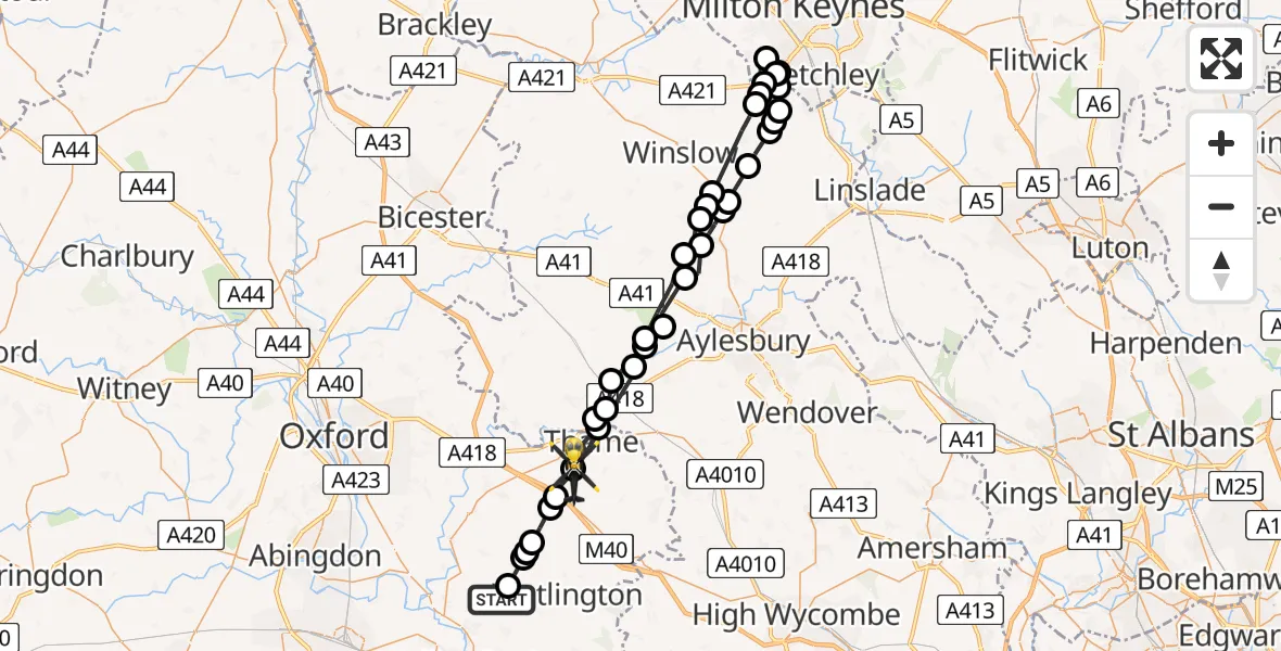 Flight path map showing Police Helicopter route from Ewelme to Thame