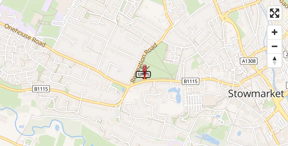 Flight path map showing Air Ambulance Helicopter route from Stowmarket to Stowmarket