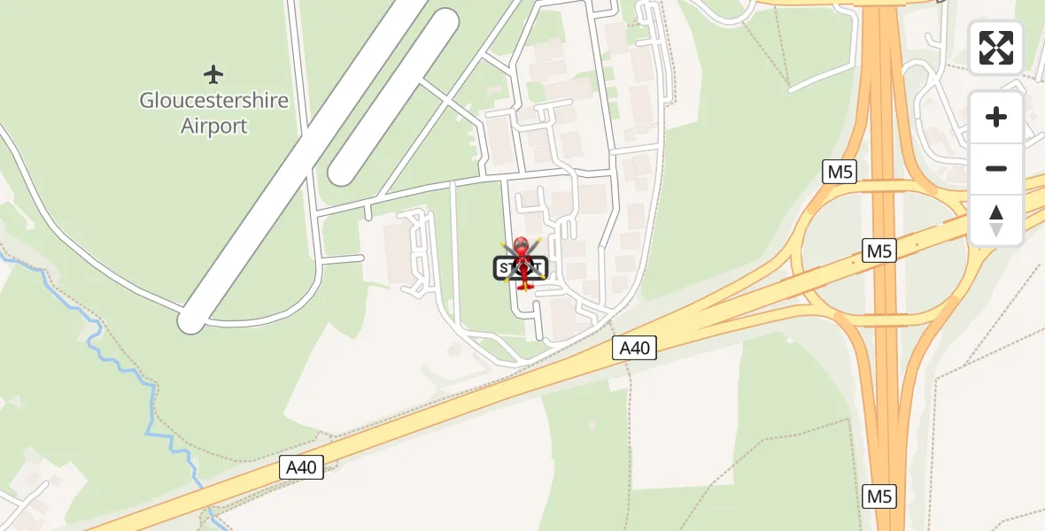 Flight path map showing Air Ambulance Helicopter route from Gloucestershire Airport to Tewkesbury