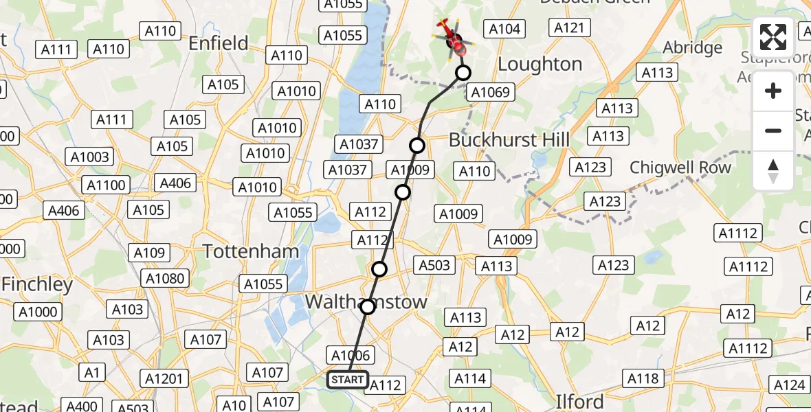 Flight path map showing Air Ambulance Helicopter route from Leyton to Metropolitan Police Air Support Unit Lippitts Hill