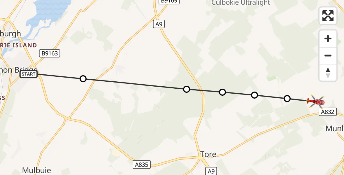 Flight path map showing Air Ambulance Helicopter route from Conon Bridge to Munlochy