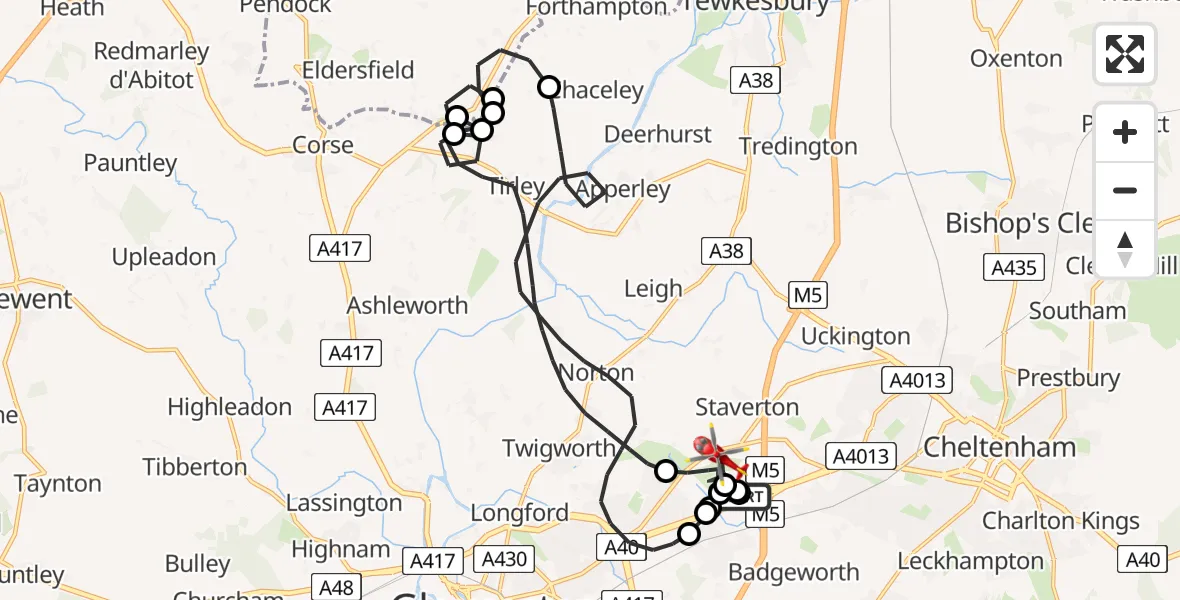Flight path map showing Air Ambulance Helicopter route from Gloucestershire Airport to Gloucestershire Airport