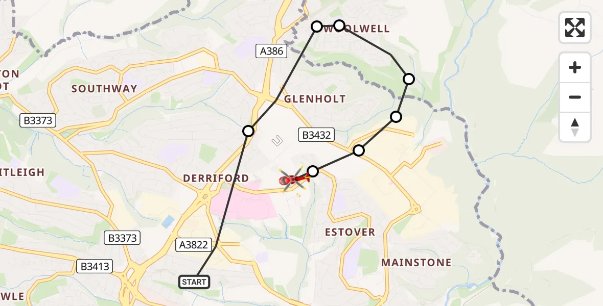 Flight path map showing Air Ambulance Helicopter route from Crownhill to Estover