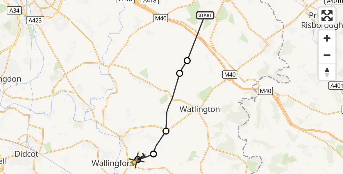 Flight path map showing Police Helicopter route from Tetsworth to Crowmarsh Gifford