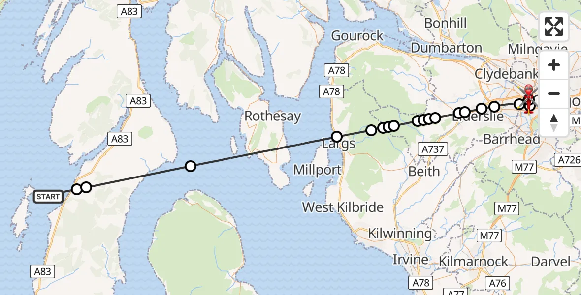Flight path map showing Air Ambulance Helicopter route from Inner Seas to Queen Elizabeth Hospital
