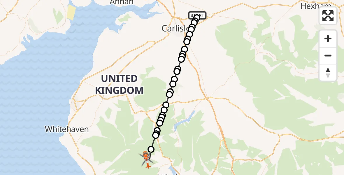 Flight path map showing Coastguard Helicopter route from Carlisle Lake District Airport to Lakes
