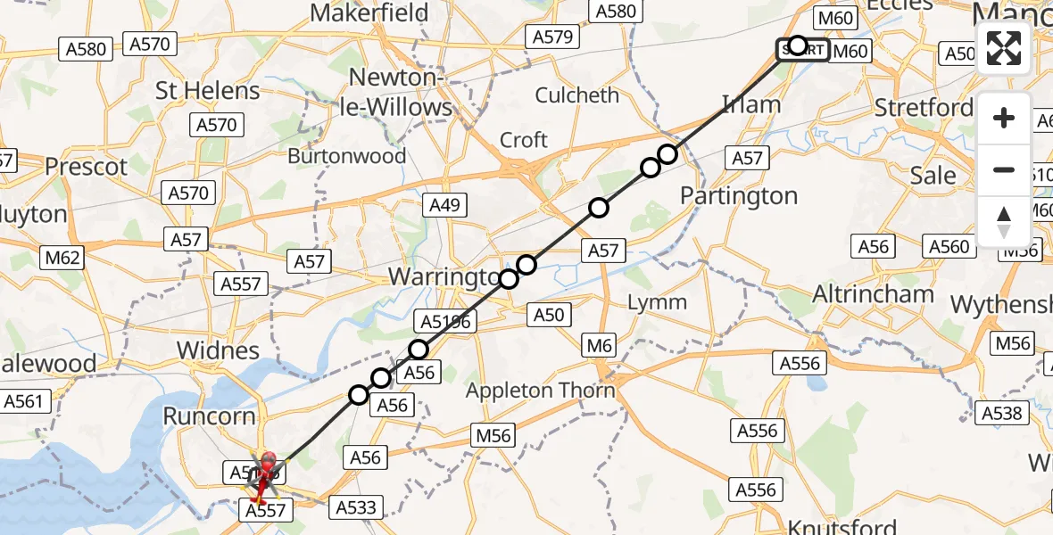 Flight path map showing Air Ambulance Helicopter route from Manchester Barton Aerodrome to Runcorn