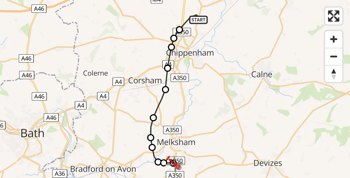 Flight path map showing Air Ambulance Helicopter route from Kington Langley to Melksham