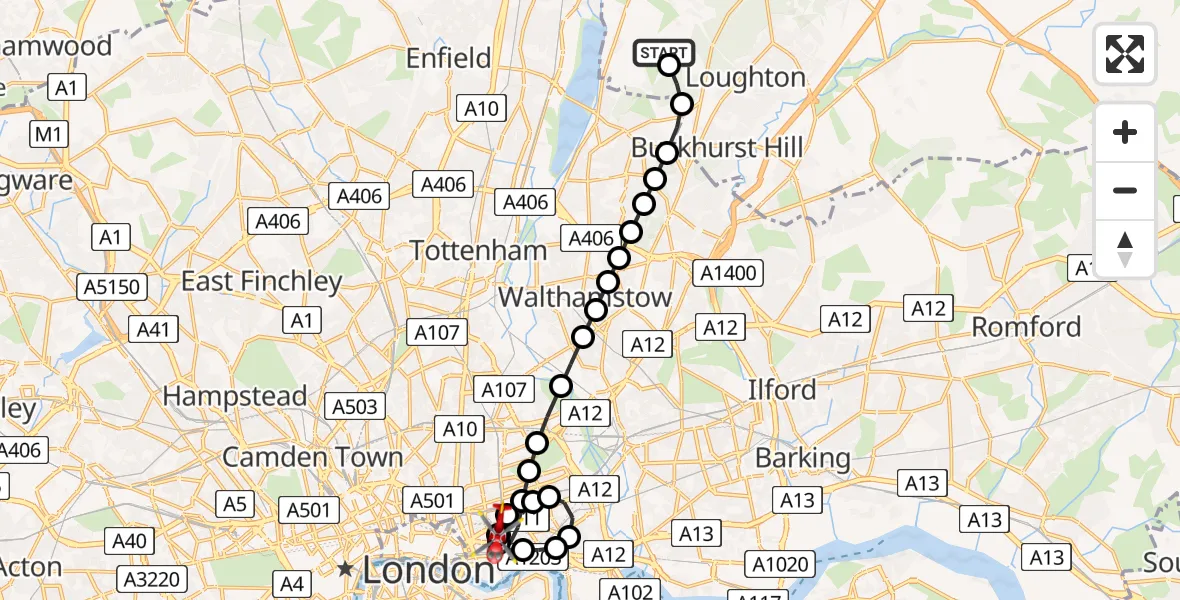 Flight path map showing Air Ambulance Helicopter route from Metropolitan Police Air Support Unit Lippitts Hill to Royal London Hospital