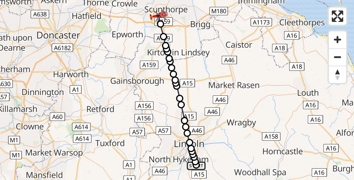 Flight path map showing Air Ambulance Helicopter route from RAF Waddington to Scunthorpe