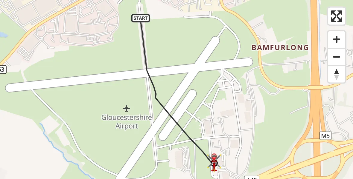 Flight path map showing Air Ambulance Helicopter route from Gloucestershire Airport to Tewkesbury