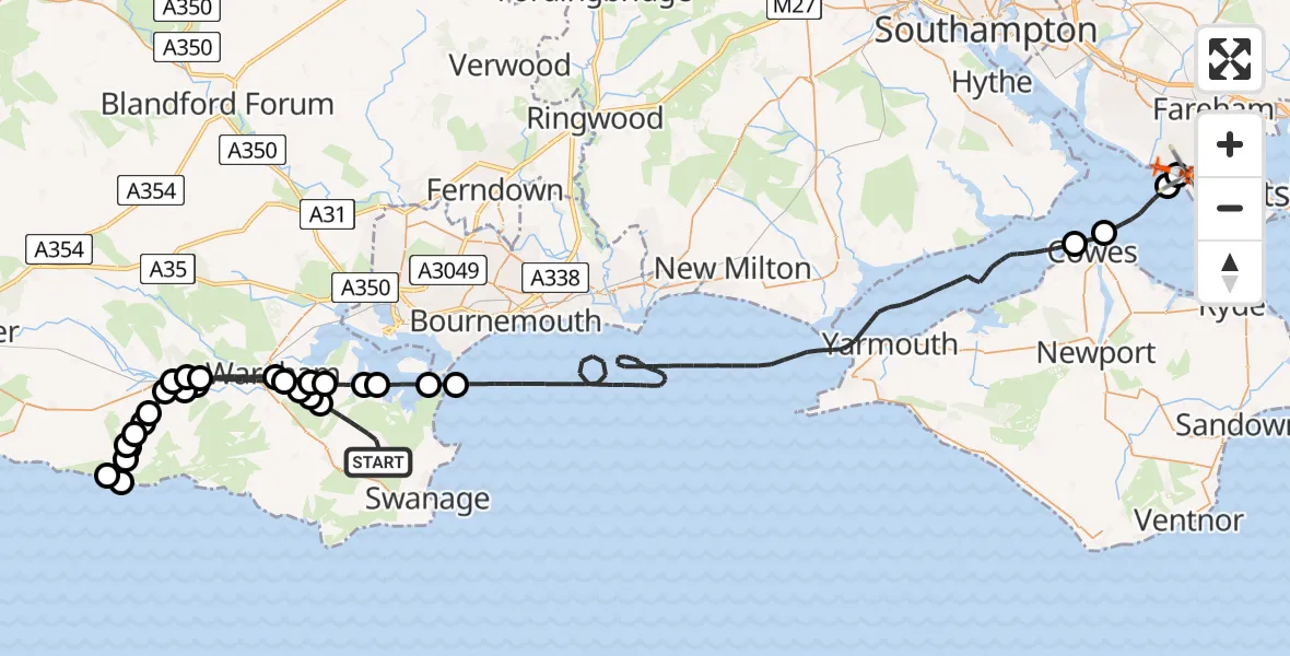 Flight path map showing Coastguard Helicopter route from Corfe Castle to Solent Airport
