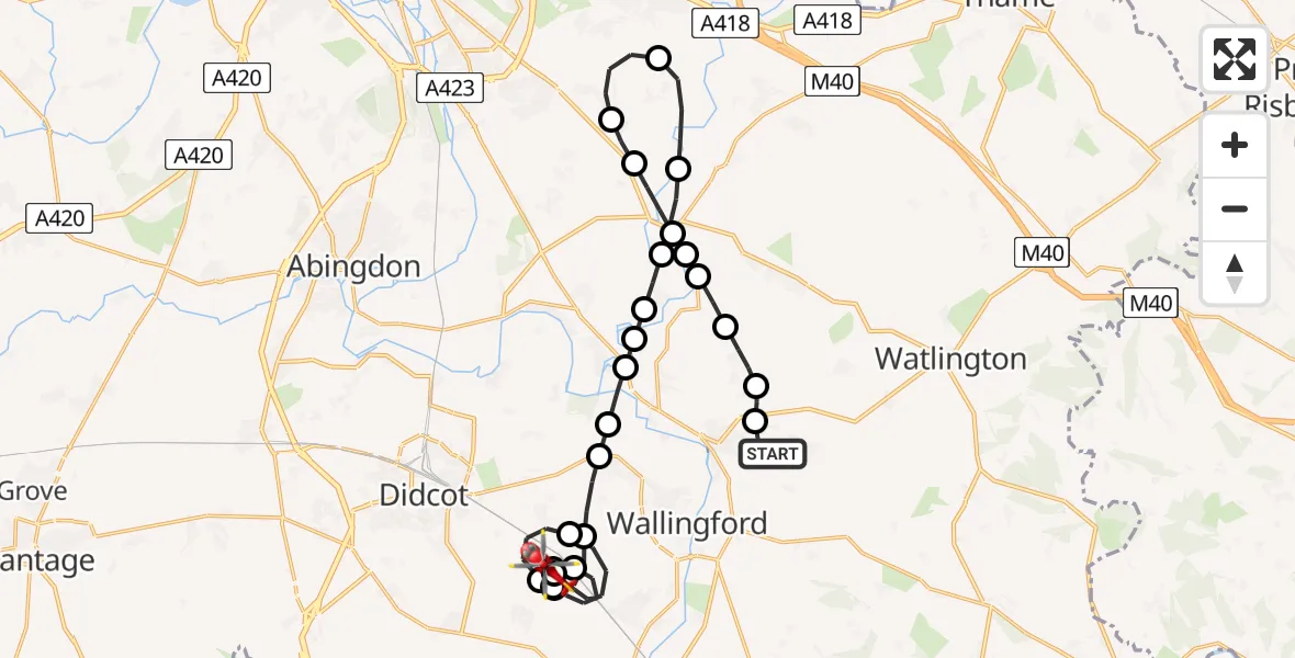Flight path map showing Air Ambulance Helicopter route from RAF Benson to South Moreton