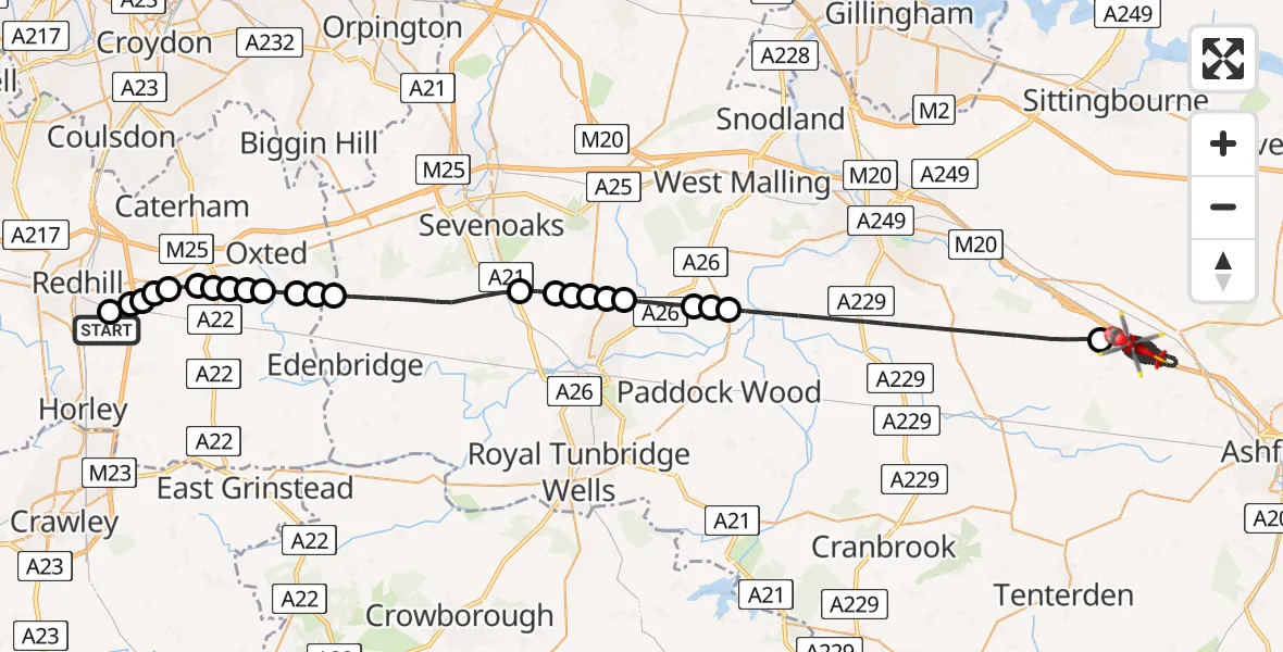 Flight path map showing Air Ambulance Helicopter route from Redhill Aerodrome to Ashford