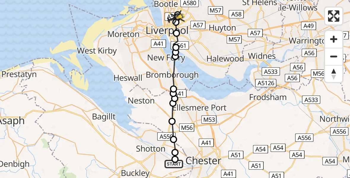 Flight path map showing Police Helicopter route from Hawarden Airport to Everton