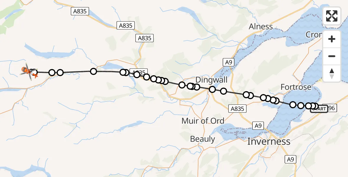 Flight path map showing Coastguard Helicopter route from Inverness Airport to Achnasheen