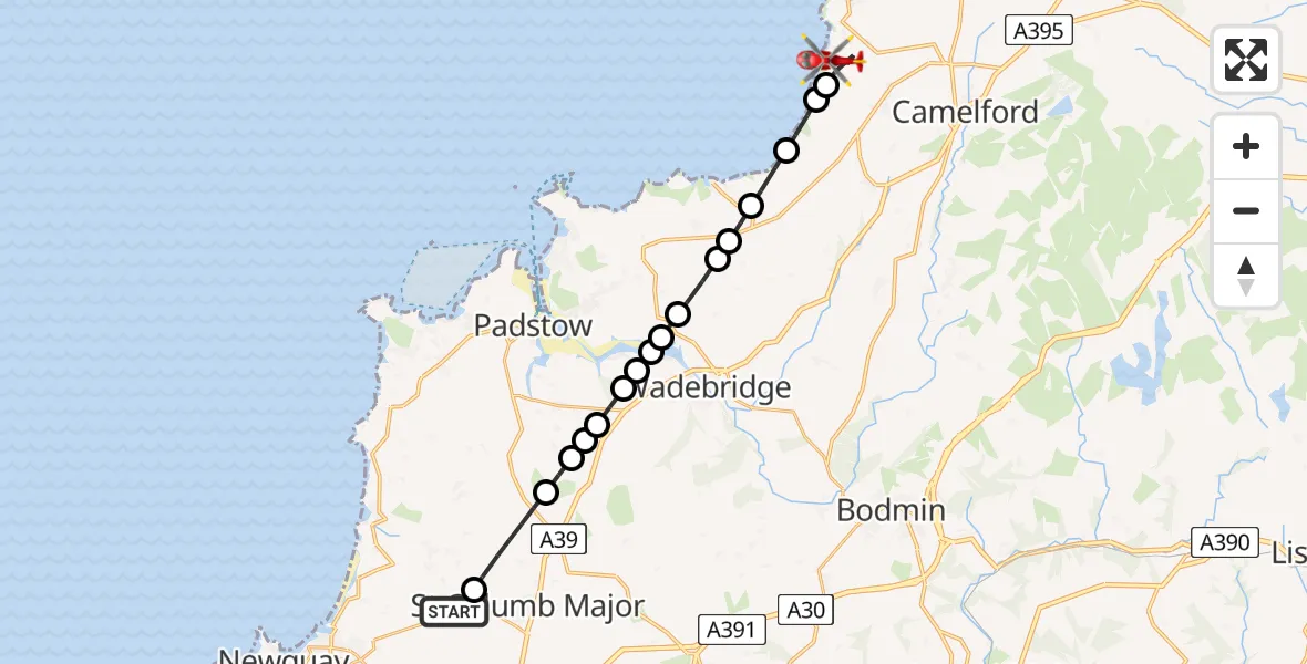 Flight path map showing Air Ambulance Helicopter route from Cornwall Airport Newquay to Treknow