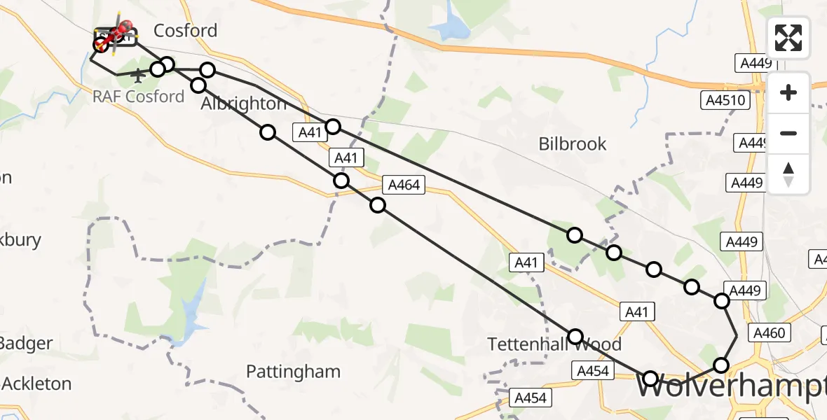 Flight path map showing Air Ambulance Helicopter route from RAF Cosford to Cosford