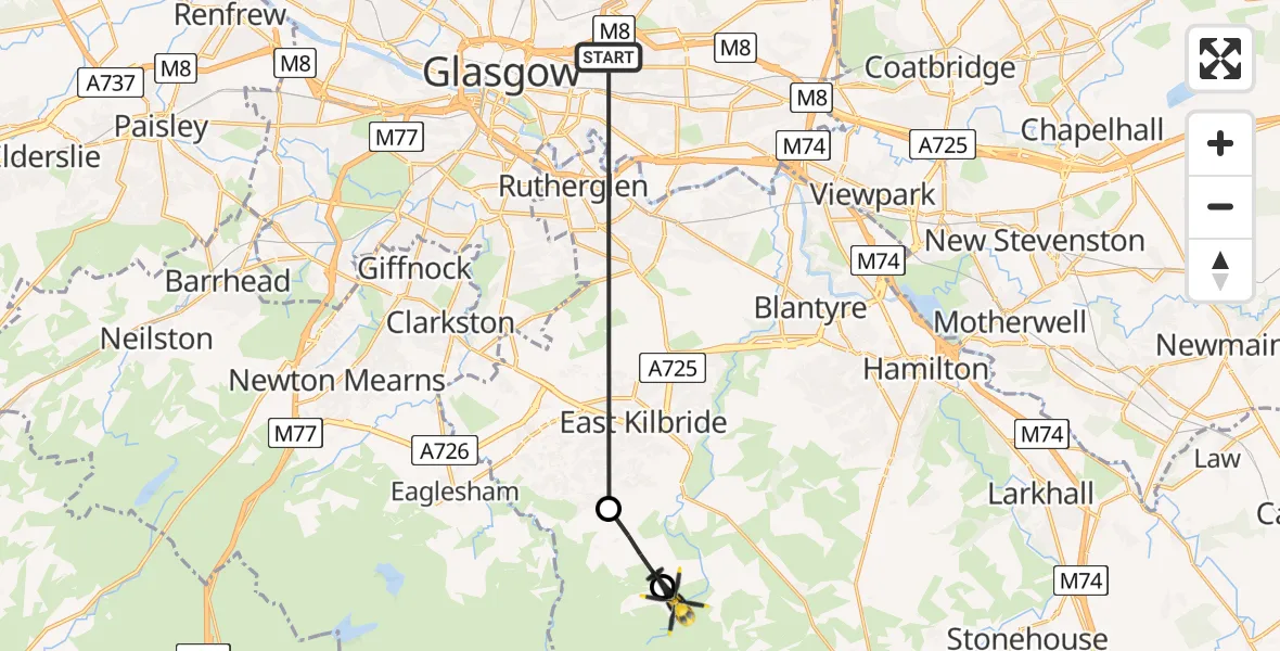 Flight path map showing Police Helicopter route from Glasgow to Caldermill
