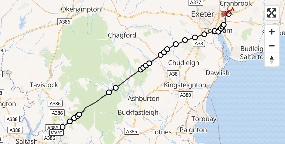Flight path map showing Air Ambulance Helicopter route from Roborough to Clyst Honiton