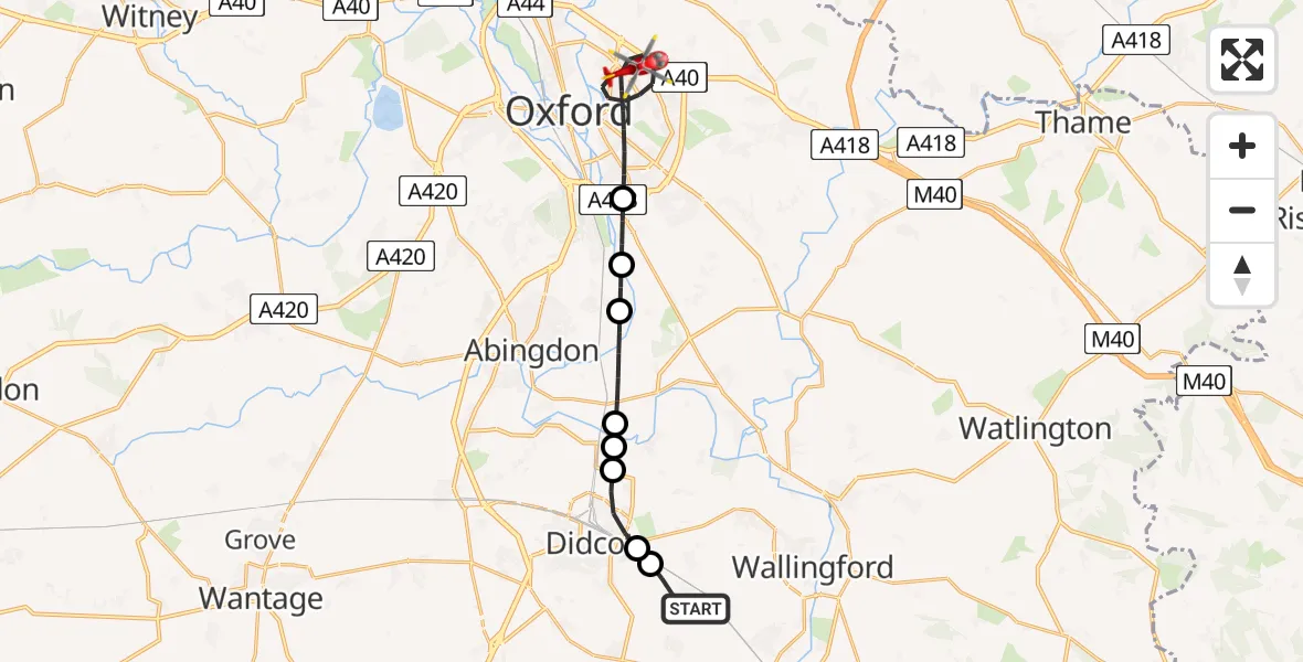 Flight path map showing Air Ambulance Helicopter route from South Moreton to Oxford