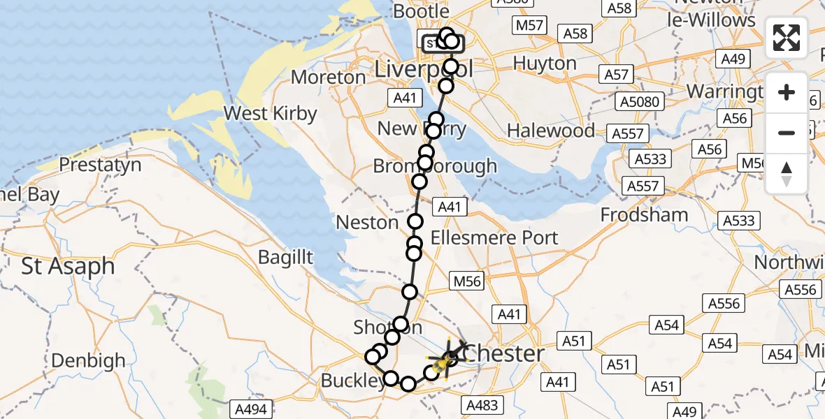 Flight path map showing Police Helicopter route from Everton to Saltney Ferry