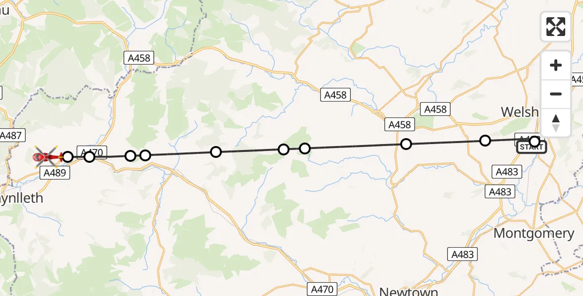 Flight path map showing Air Ambulance Helicopter route from Welshpool Airport to Glantwymyn