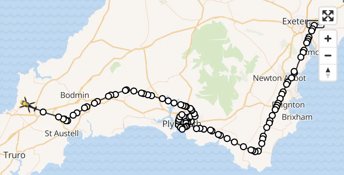 Flight path map showing Police Helicopter route from Clyst Honiton to St. Columb Major