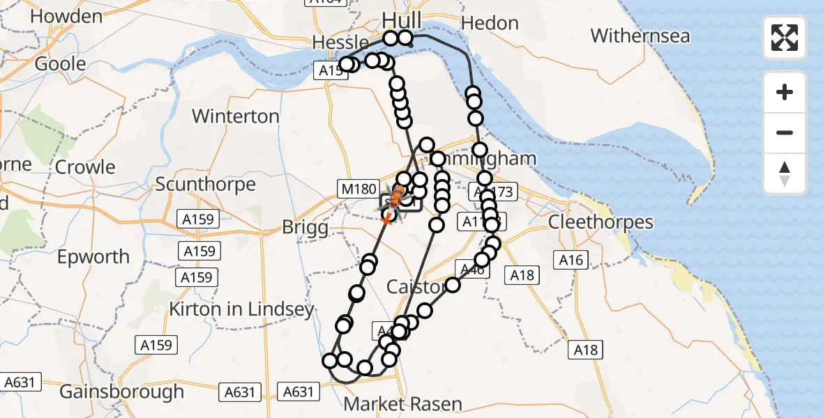 Flight path map showing Coastguard Helicopter route from Humberside Airport to Humberside Airport