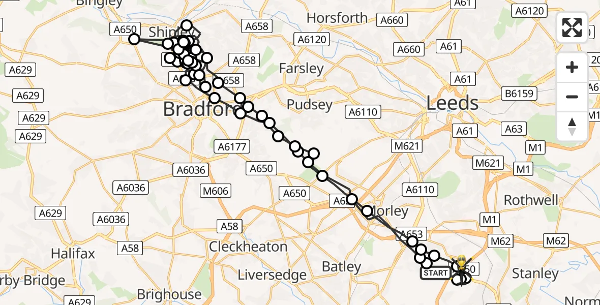 Flight path map showing Police Helicopter route from East Ardsley to Brandy Carr