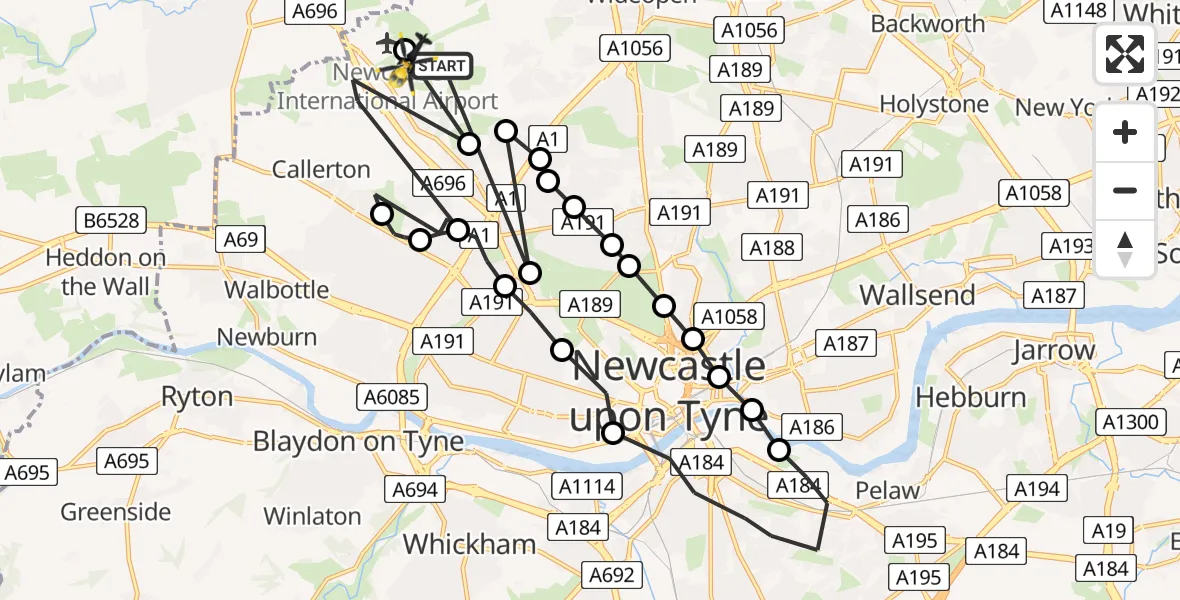 Flight path map showing Police Helicopter route from Newcastle International Airport to Newcastle International Airport