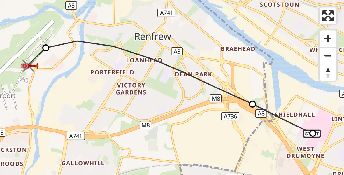 Flight path map showing Air Ambulance Helicopter route from Queen Elizabeth Hospital to Glasgow Airport