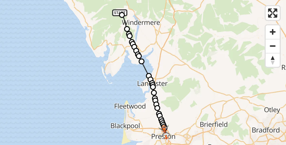 Flight path map showing Coastguard Helicopter route from Lakes to Preston
