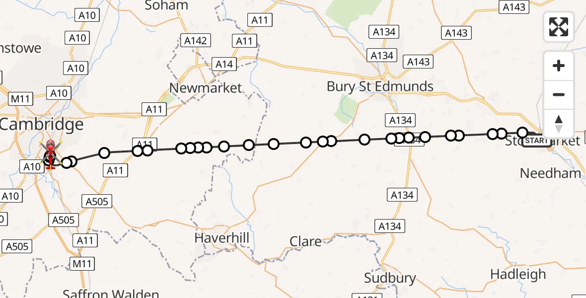 Flight path map showing Air Ambulance Helicopter route from Stowmarket to Papworth Hospital
