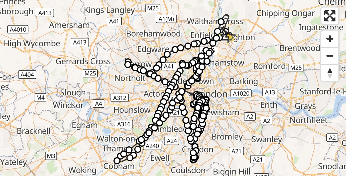 Flight path map showing Police Helicopter route from Chingford to Metropolitan Police Air Support Unit Lippitts Hill