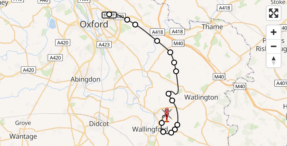 Flight path map showing Air Ambulance Helicopter route from John Radcliffe Hospital to RAF Benson
