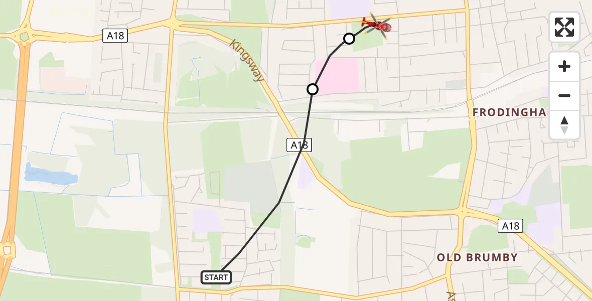 Flight path map showing Air Ambulance Helicopter route from Scunthorpe to Scunthorpe