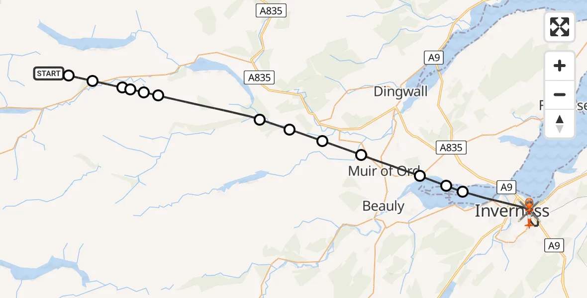 Flight path map showing Coastguard Helicopter route from Achnasheen to Inverness