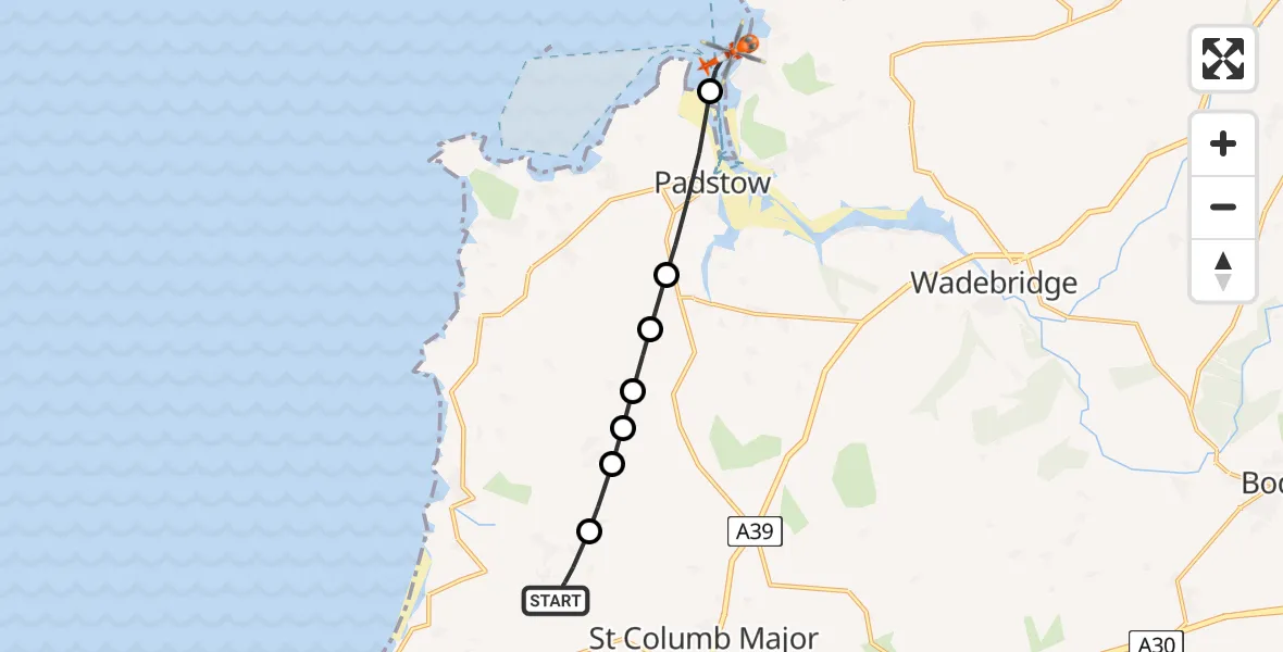 Flight path map showing Coastguard Helicopter route from Cornwall Airport Newquay to Trebetherick