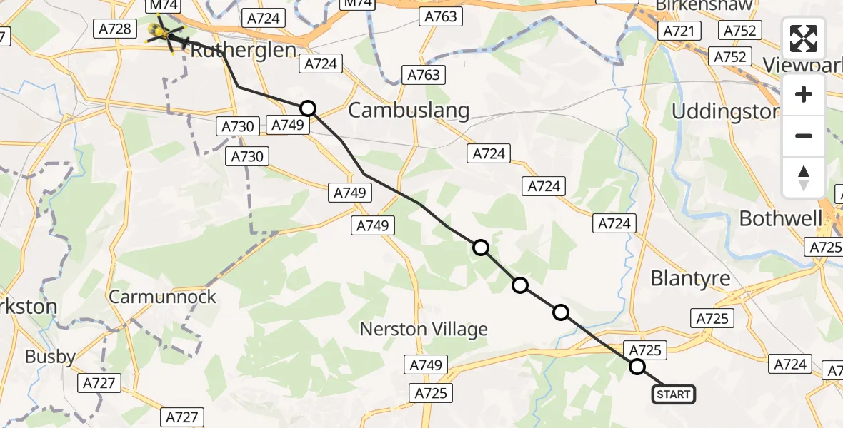 Flight path map showing Police Helicopter route from Blantyre to Glasgow