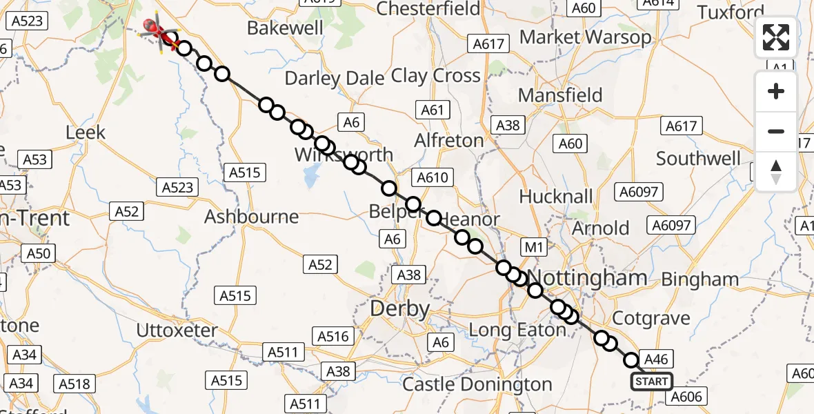 Flight path map showing Air Ambulance Helicopter route from Widmerpool to Derbyshire Dales