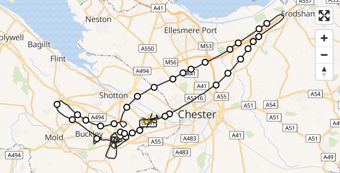 Flight path map showing Police Helicopter route from Hawarden Airport to Hawarden Airport