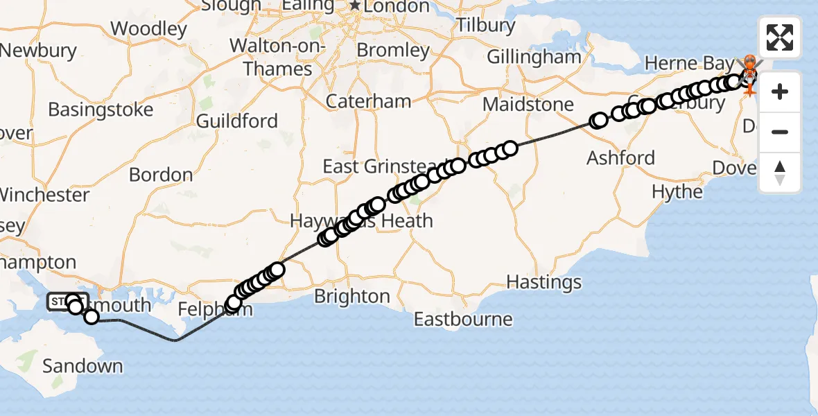 Flight path map showing Coastguard Helicopter route from Solent Airport to Manston Airport